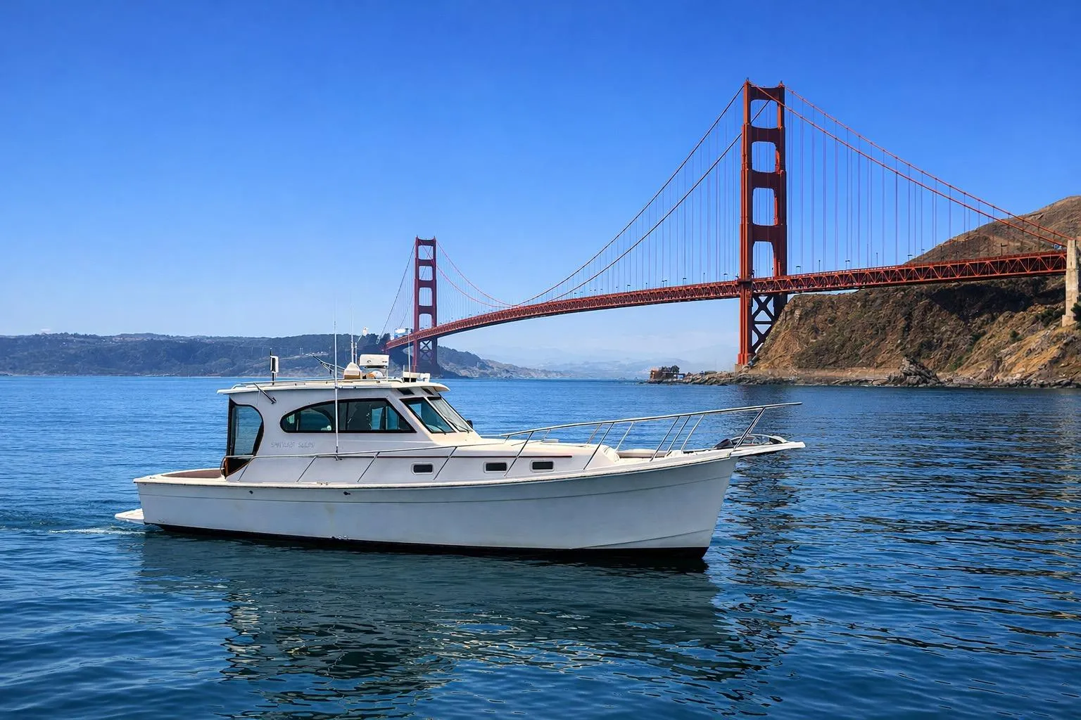 1999 Mainship Pilot 30 boat cruising near iconic red suspension bridge.