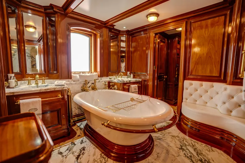 Steel Yacht Photos Pics Luxurious Pendennis 55 yacht bathroom with elegant wood paneling and marble accents, built in 2009.
