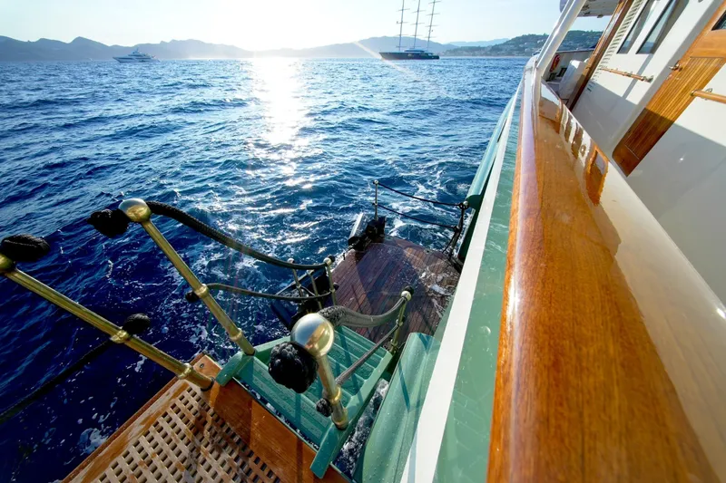 Steel Yacht Photos Pics Luxurious Pendennis 55 yacht deck overlooking serene ocean, 2009 model.