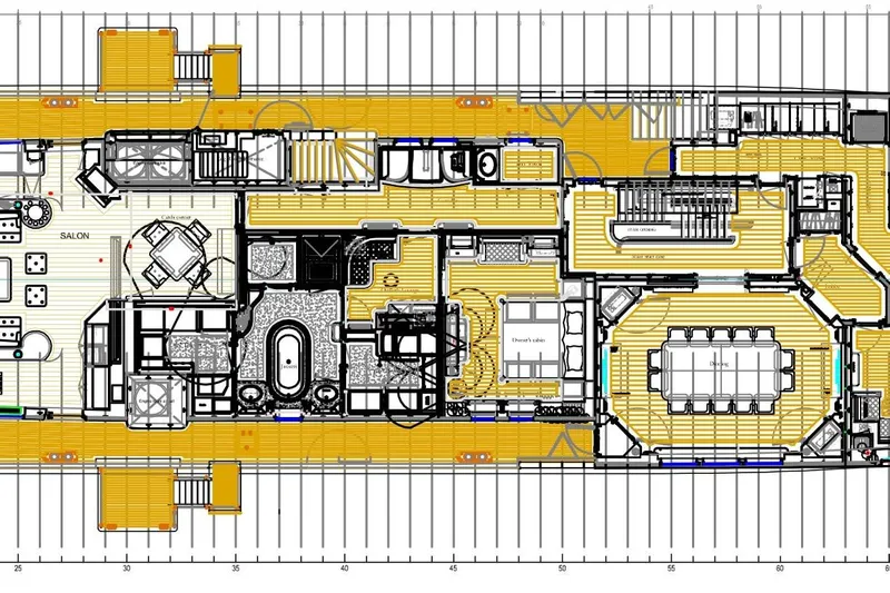 Steel Yacht Photos Pics Deck plan of 2009 Pendennis 55 yacht, featuring salon and dining areas.