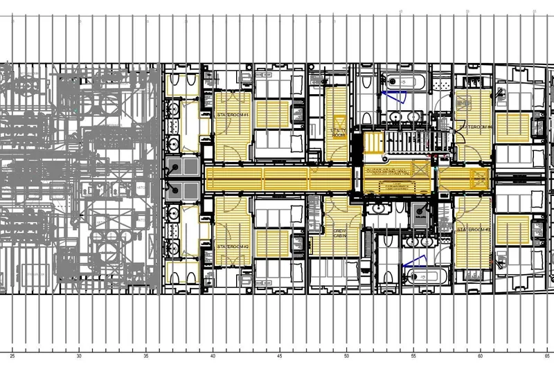 Steel Yacht Photos Pics Deck plan of Pendennis 55 yacht, 2009 model, showcasing staterooms and utility areas.