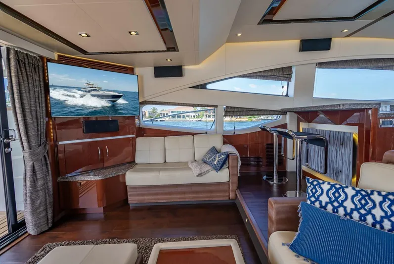  Yacht Photos Pics Luxurious interior of 2016 Sea Ray L650 Fly yacht with elegant seating and modern decor.