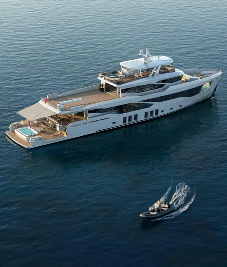 Numarine 47xp Yacht Photos Pics Numarine 47XP 2028 yacht on calm sea with small boat nearby.