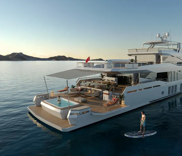 Numarine 47xp Yacht Photos Pics Luxurious 2028 Numarine 47XP yacht with sun deck, pool, and paddleboarder at sunset.