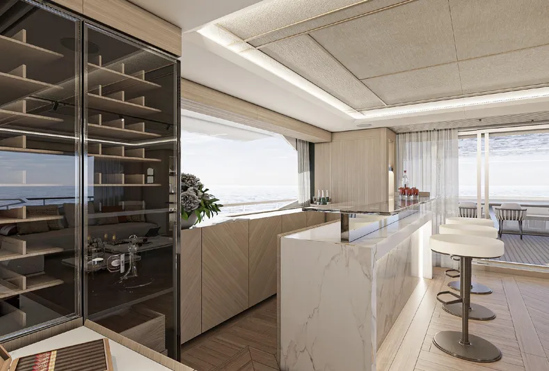 Numarine 47xp Yacht Photos Pics Luxurious interior of 2028 Numarine 47XP yacht with modern bar and ocean view.