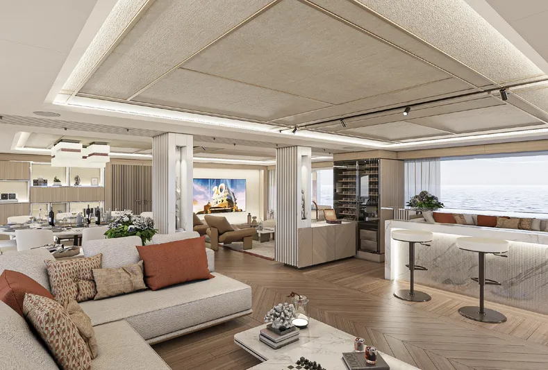 Numarine 47xp Yacht Photos Pics Luxurious interior of 2028 Numarine 47XP yacht with modern decor and ocean view.