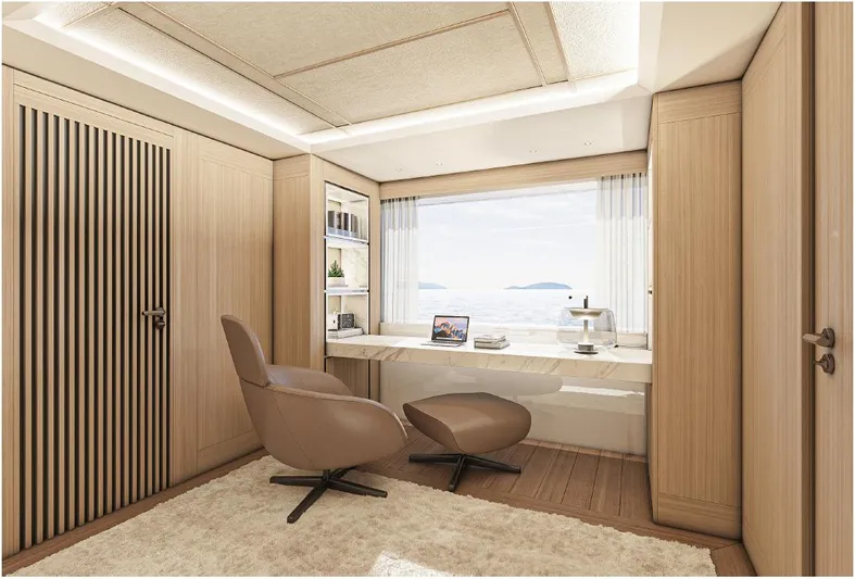 Numarine 47xp Yacht Photos Pics Luxurious interior of 2028 Numarine 47XP yacht with modern office space and ocean view.