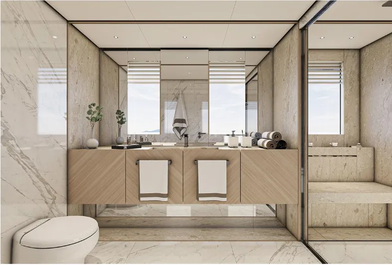 Numarine 47xp Yacht Photos Pics Luxurious bathroom interior on 2028 Numarine 47XP yacht, featuring modern design and elegant finishes.