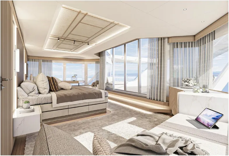 Numarine 47xp Yacht Photos Pics Luxurious interior of 2028 Numarine 47XP yacht with modern bedroom and ocean view.