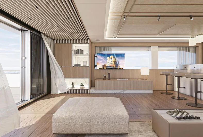 Numarine 47xp Yacht Photos Pics Luxurious interior of 2028 Numarine 47XP yacht with modern decor and large windows.