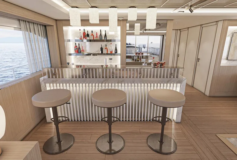 Numarine 47xp Yacht Photos Pics Luxurious interior of 2028 Numarine 47XP yacht with modern bar and ocean view.