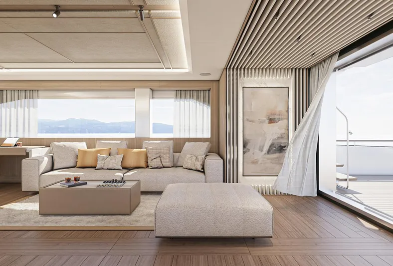Numarine 47xp Yacht Photos Pics Luxurious interior of 2028 Numarine 47XP yacht with modern decor and ocean view.