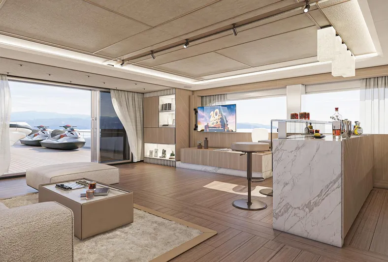 Numarine 47xp Yacht Photos Pics Luxurious interior of 2028 Numarine 47XP yacht with modern decor and sea view.