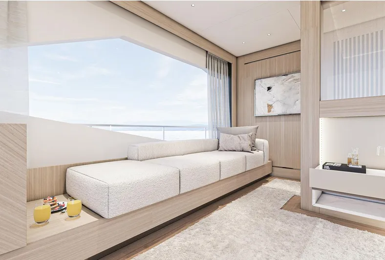 Numarine 47xp Yacht Photos Pics Luxurious interior of 2028 Numarine 47XP yacht with modern decor and ocean view.