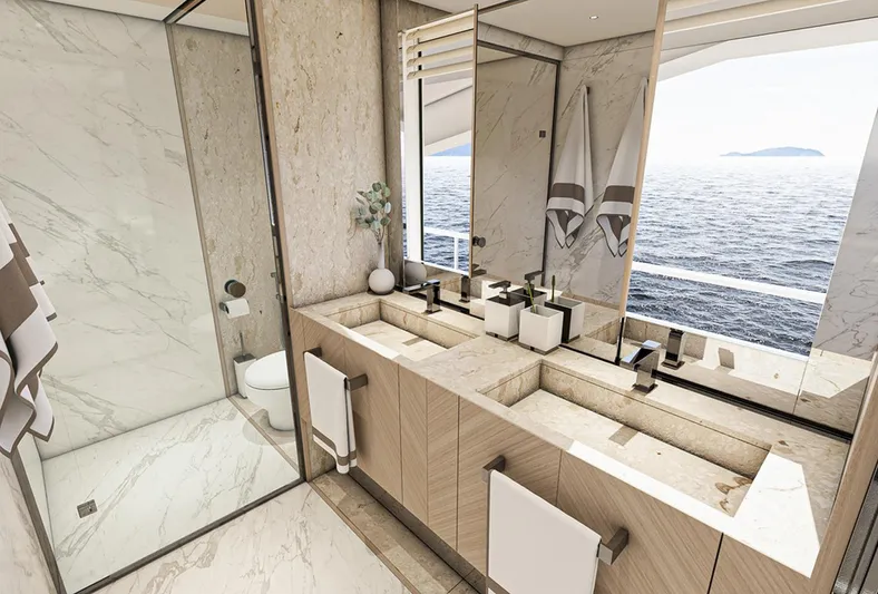 Numarine 47xp Yacht Photos Pics Luxurious bathroom on 2028 Numarine 47XP yacht with ocean view and elegant marble design.
