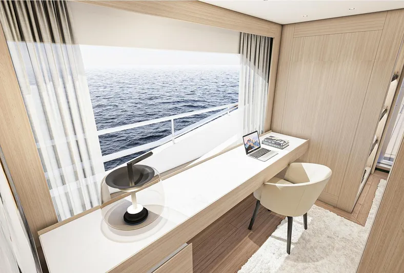 Numarine 47xp Yacht Photos Pics Luxurious interior of 2028 Numarine 47XP yacht with ocean view and modern desk setup.