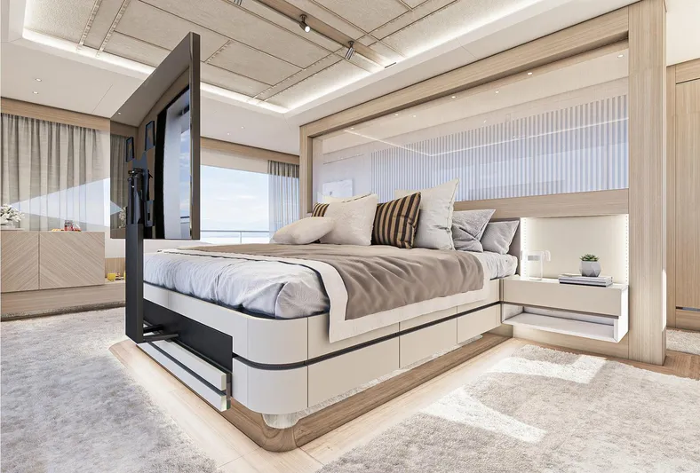 Numarine 47xp Yacht Photos Pics Luxurious bedroom interior on 2028 Numarine 47XP yacht, featuring modern design and elegant furnishings.