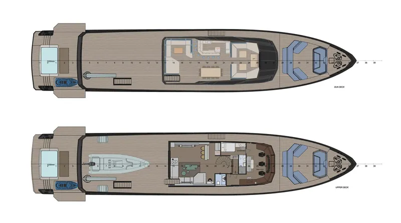 Numarine 47xp Yacht Photos Pics Floor plan of 2028 Numarine 47XP yacht, showcasing upper and lower deck layouts.
