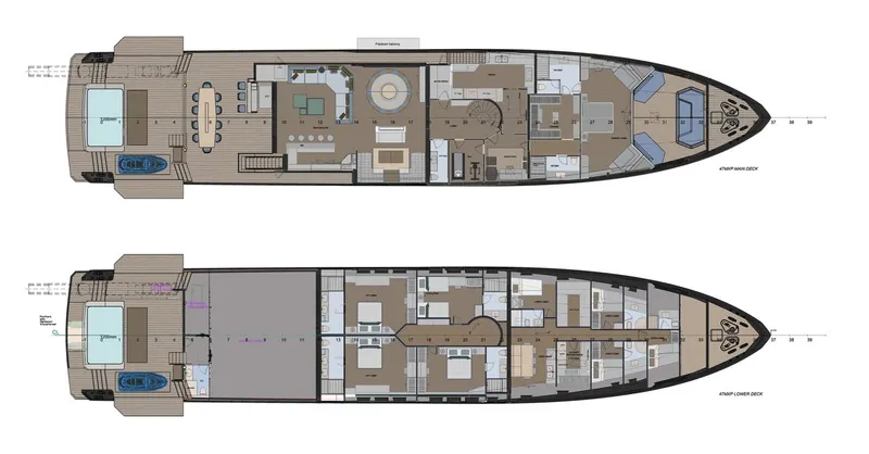 Numarine 47xp Yacht Photos Pics Floor plan of 2028 Numarine 47XP yacht, showcasing upper and lower decks.