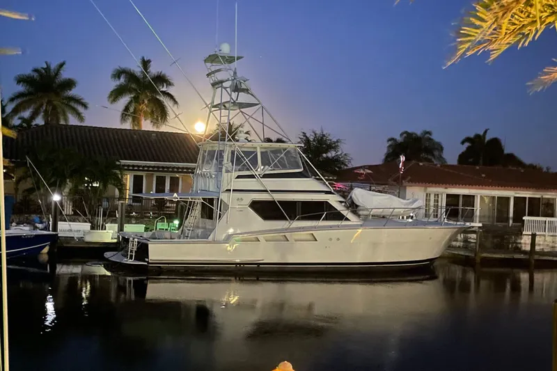 Mad East Yacht Photos Pics 1993 Hatteras Convertible yacht docked at night, palm trees in background.