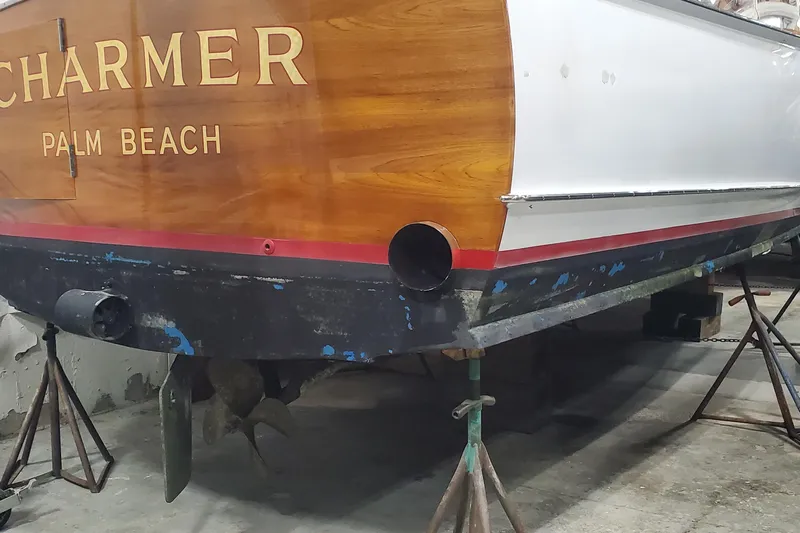 Charmer Yacht Photos Pics 1985 Rybovich 32 Express Walkaround Sportfish boat in dry dock, Palm Beach.