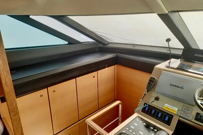 Zero One Yacht Photos Pics 2012 Fairline Squadron 65 helm with Garmin navigation system and sleek wood cabinetry.