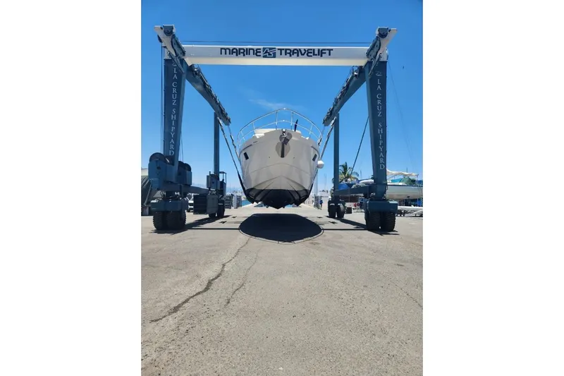 Zero One Yacht Photos Pics 2012 Fairline Squadron 65 yacht on a travel lift at La Cruz Shipyard.
