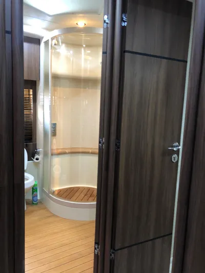  Yacht Photos Pics Interior of 2007 Fairline Squadron 68 yacht, featuring a modern bathroom with wooden accents.