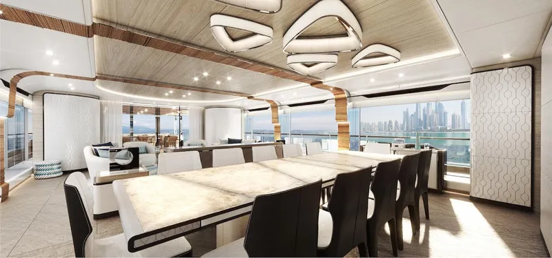 Order To Build Yacht Photos Pics Luxurious interior of 2026 Majesty 160 yacht with modern dining area and panoramic views.