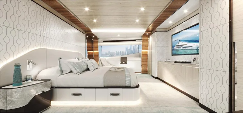 Order To Build Yacht Photos Pics Luxurious Majesty 160 yacht bedroom, 2026 model, featuring modern design and elegant decor.