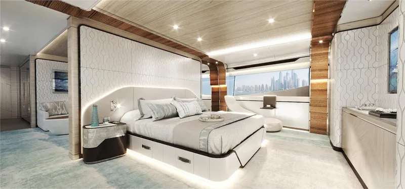 Order To Build Yacht Photos Pics Luxurious 2026 Majesty 160 yacht bedroom with modern design and panoramic window views.