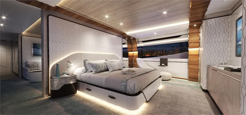 Order To Build Yacht Photos Pics Luxurious 2026 Majesty 160 yacht bedroom with modern design and ambient lighting.