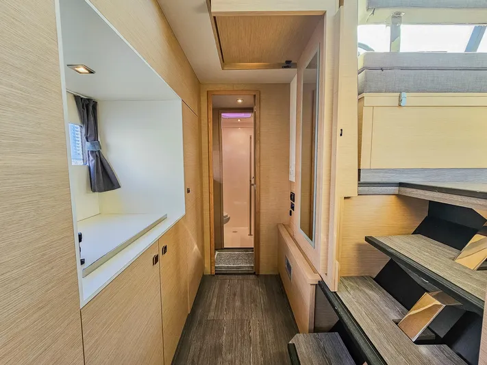 Floripa Yacht Photos Pics Interior of 2017 Fountaine Pajot MY 37 yacht, featuring modern design and wooden finishes.