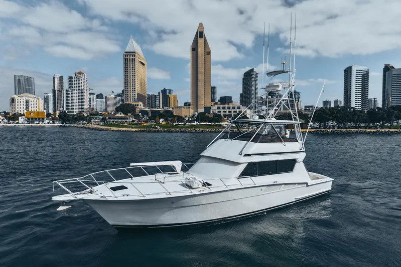 Bloodline Yacht Photos Pics 1990 Hatteras 58 Convertible yacht cruising near city skyline under cloudy sky.