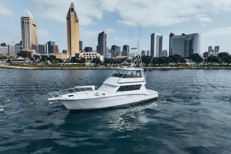 Bloodline Yacht Photos Pics 1990 Hatteras 58 Convertible yacht cruising near city skyline, calm waters.
