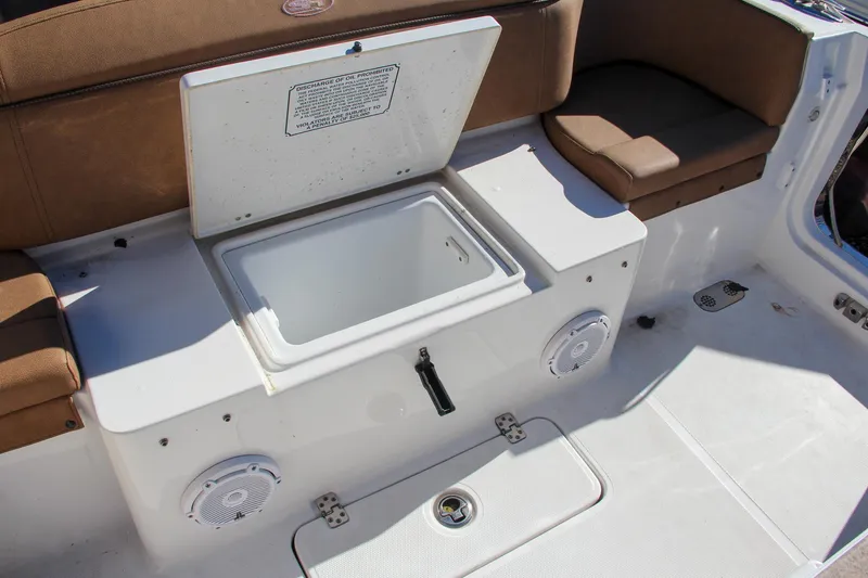  Yacht Photos Pics Sea Hunt Ultra 275 SE 2021 boat interior with storage compartment and speakers.