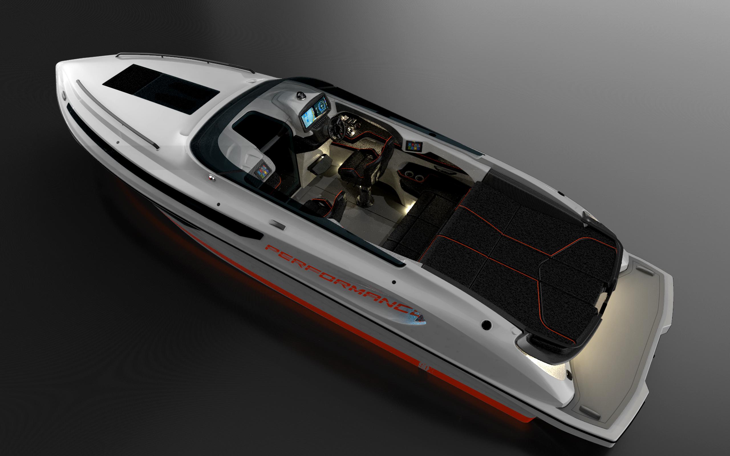 2025 Performance 90X speedboat, sleek design, modern interior, top view.