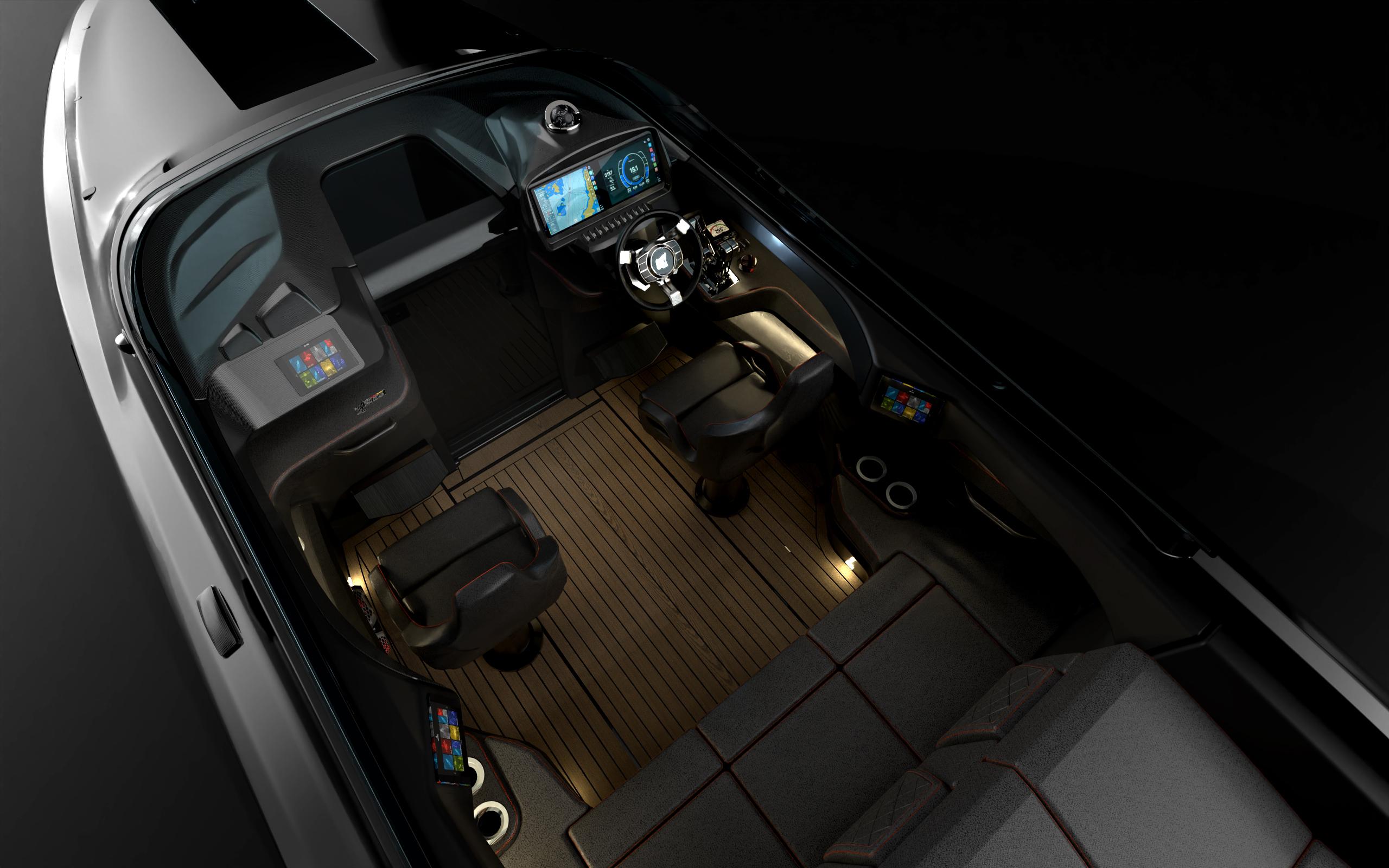 Futuristic 2025 Performance 90X boat interior with advanced navigation and sleek design.