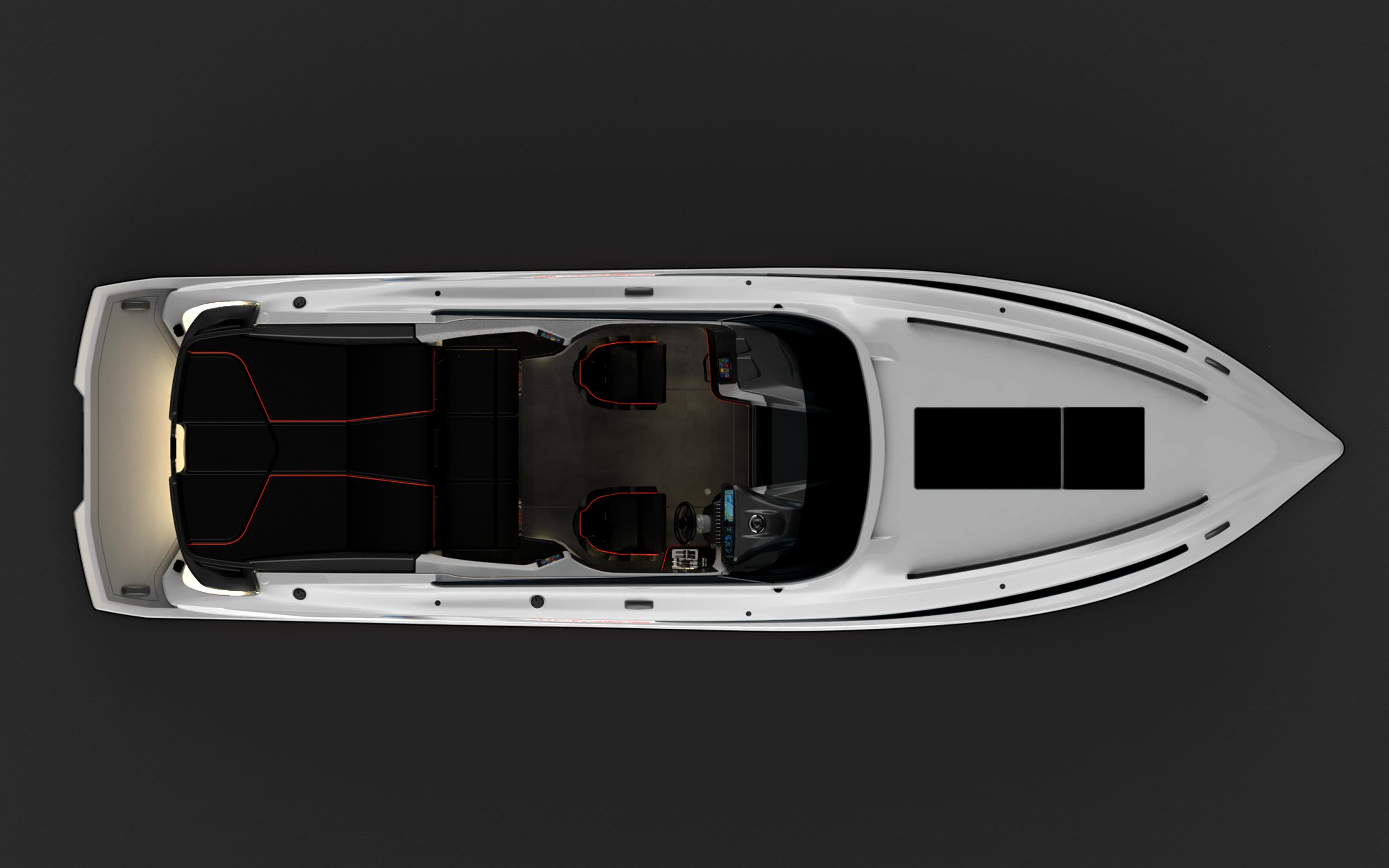 Top view of a sleek 2025 Performance 90X speedboat with modern interior design.