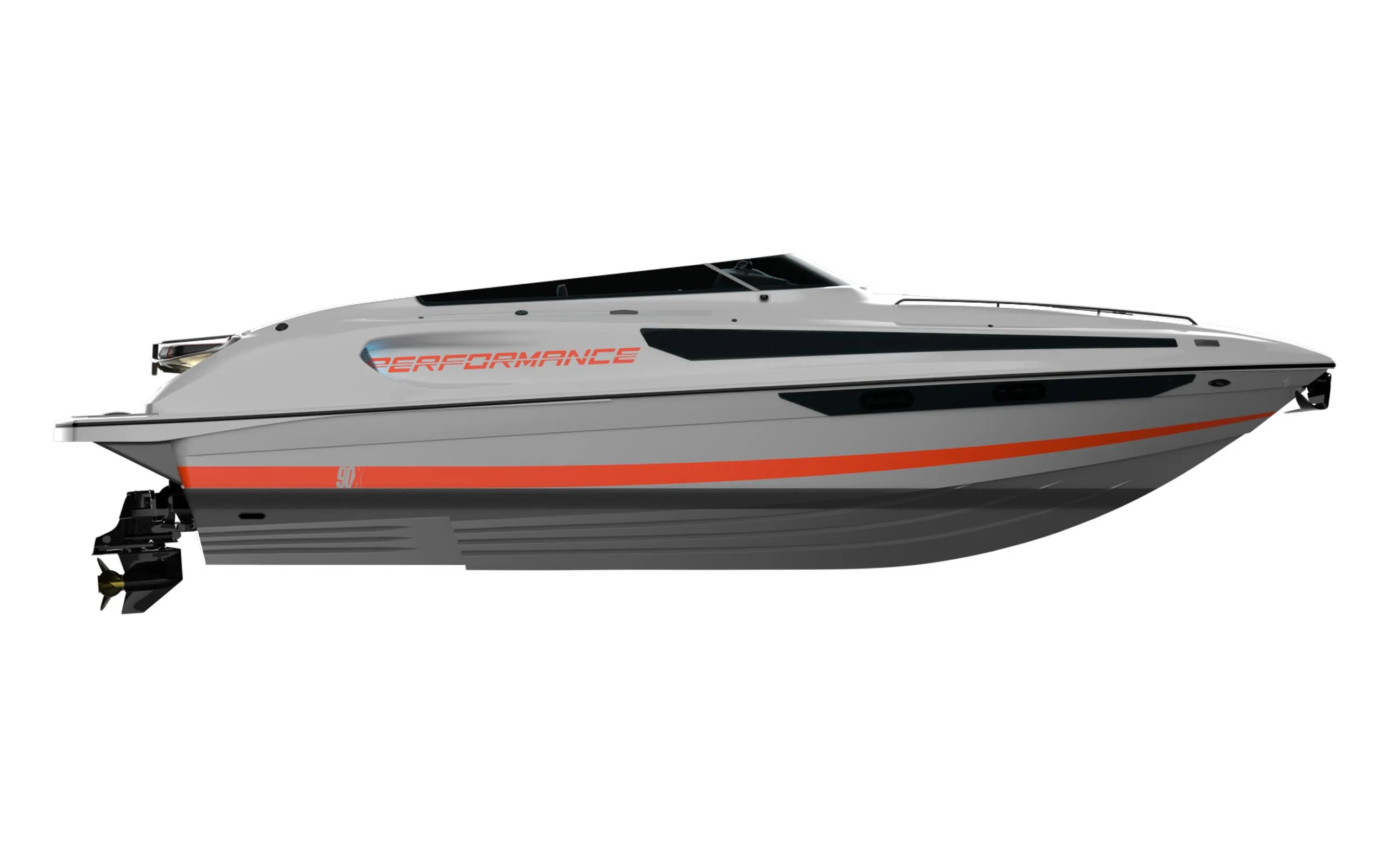 2025 Performance 90X speedboat, sleek design with orange accents, side view.