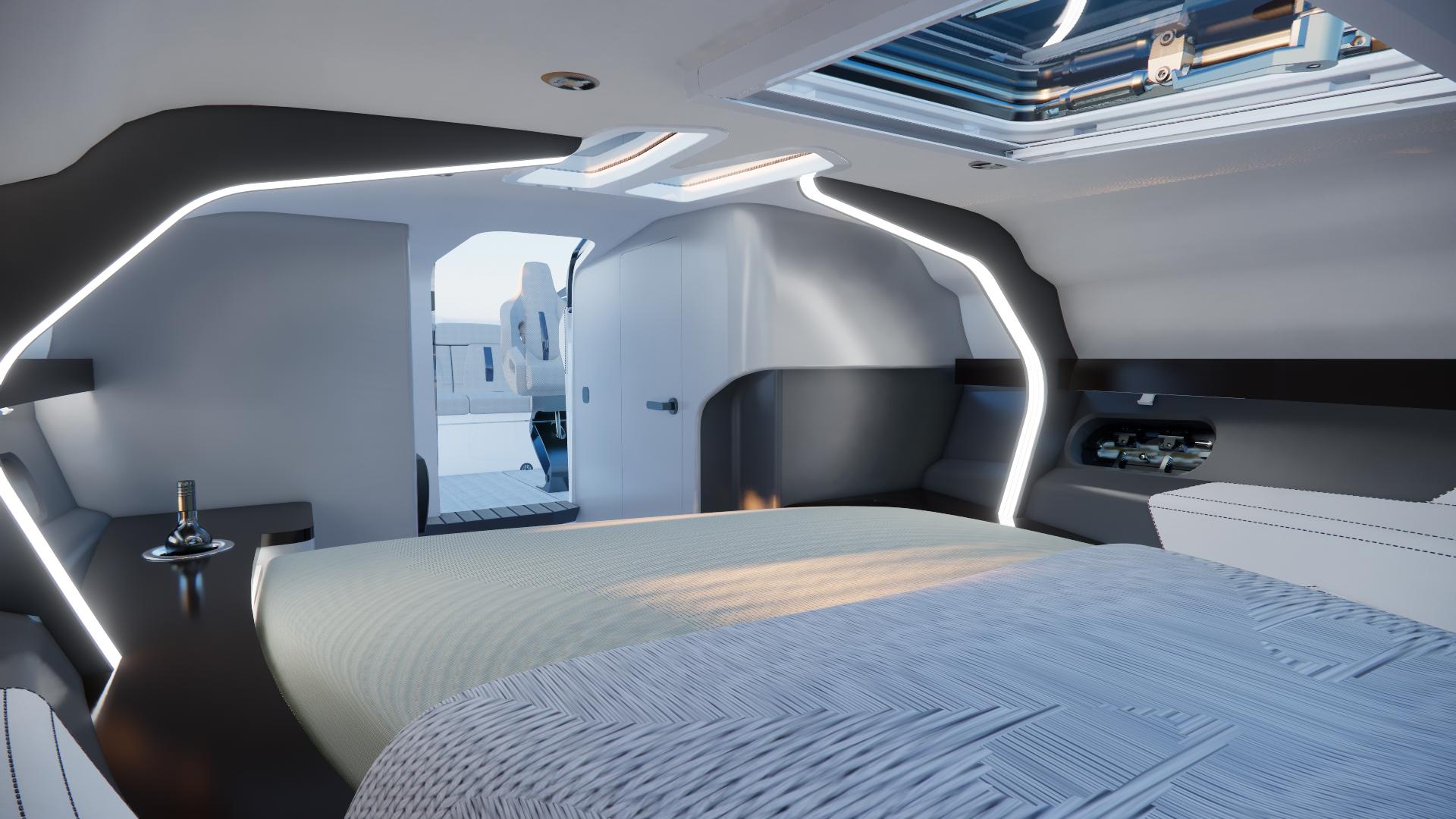 Futuristic 2025 Performance 90X yacht interior with sleek design and ambient lighting.