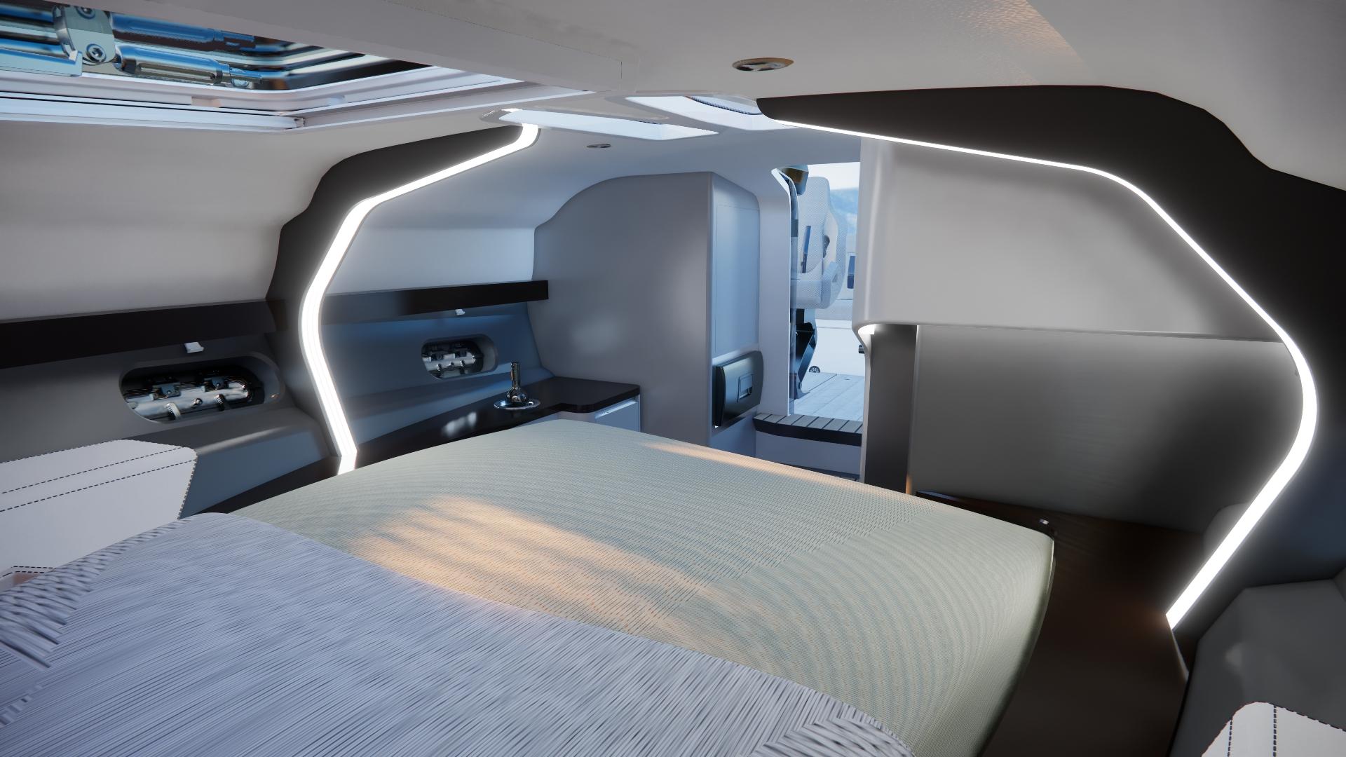 Luxurious interior of 2025 Performance 90X yacht with modern lighting and sleek design.