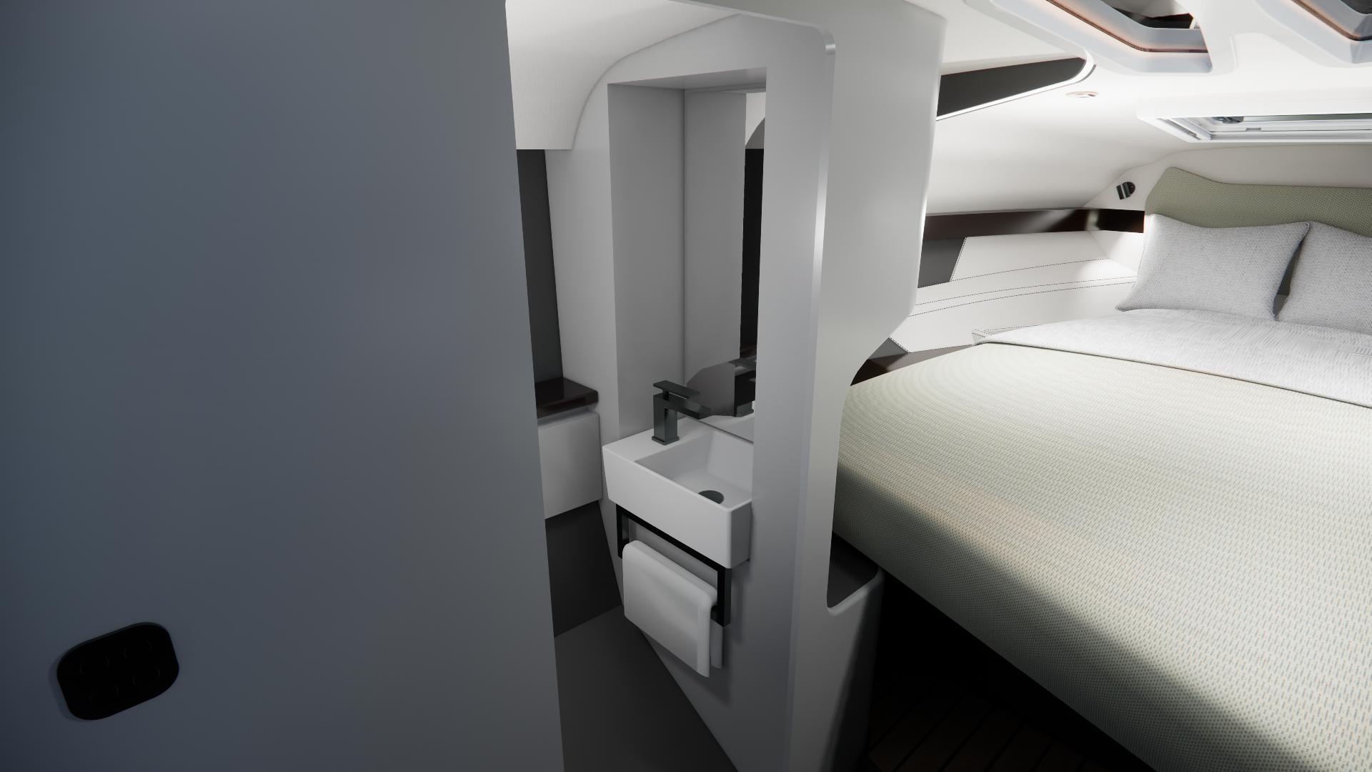 Modern interior of Performance 90X 2025 yacht with bed and compact sink area.