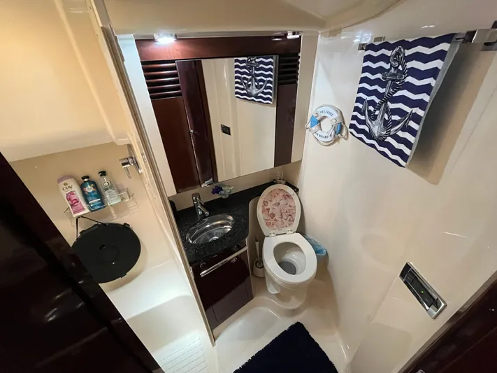 Lazy Days Yacht Photos Pics 2009 Sea Ray 44 Sedan Bridge bathroom with sink, toilet, and nautical decor.