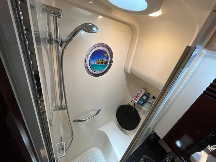 Lazy Days Yacht Photos Pics 2009 Sea Ray 44 Sedan Bridge shower with porthole and modern fixtures.