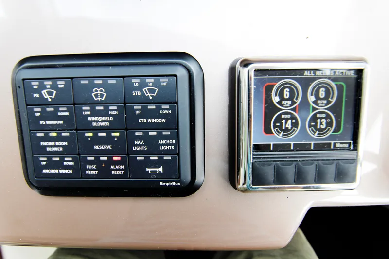 Bugsy Yacht Photos Pics Control panel of a 2020 Galeon 550 Fly yacht, featuring navigation and engine controls.