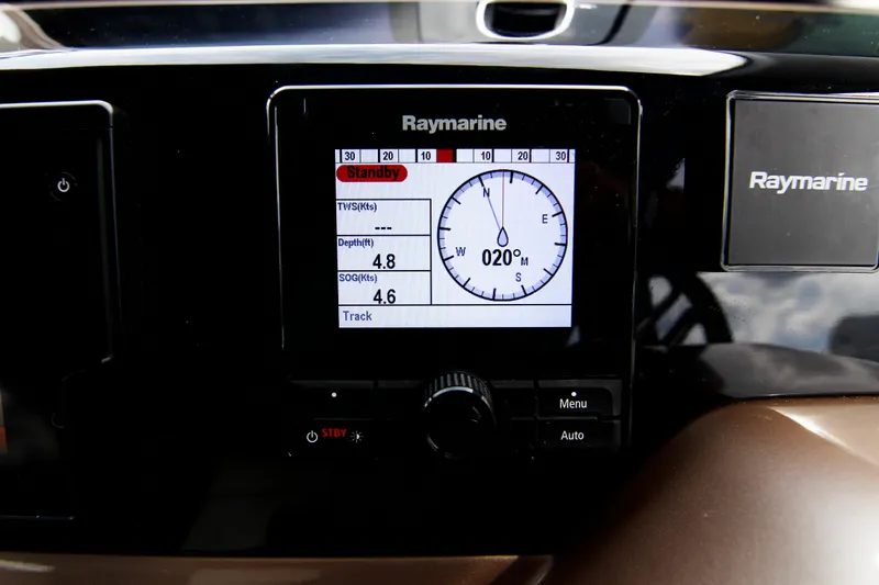 Bugsy Yacht Photos Pics Raymarine navigation display on 2020 Galeon 550 Fly yacht dashboard.