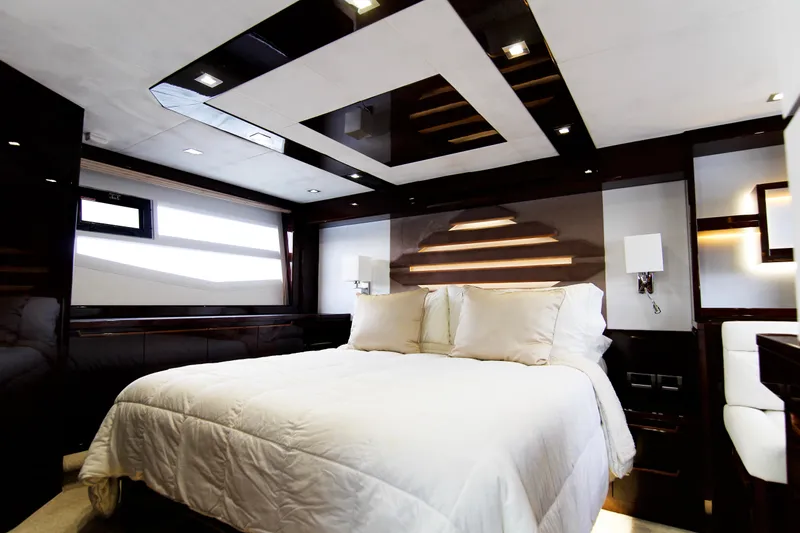 Bugsy Yacht Photos Pics Luxurious bedroom interior of 2020 Galeon 550 Fly yacht with modern design.