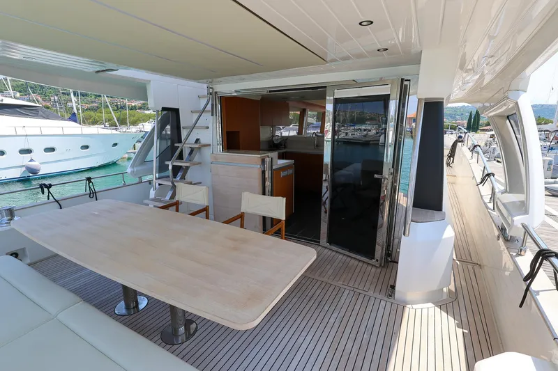Mas Que Nada Yacht Photos Pics Spacious deck of 2021 Greenline OceanClass 68 yacht with elegant seating and dining area.