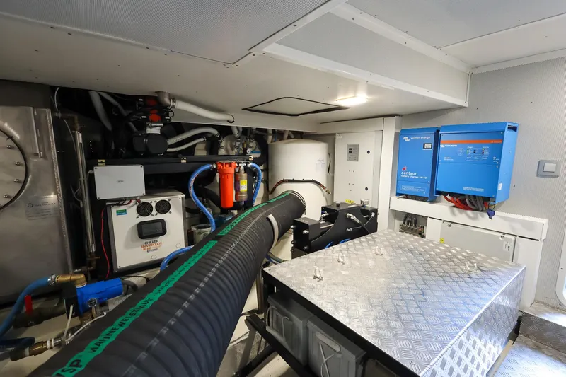 Mas Que Nada Yacht Photos Pics Engine room of 2021 Greenline OceanClass 68 yacht with advanced equipment and systems.